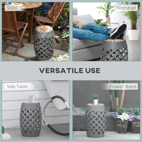 Outsunny Decorative Outdoor Stool, 12" Round Patio Side Table, Mosaic Gray