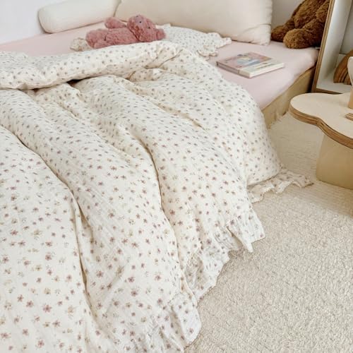 Vintage Flower Duvet Cover Set Muslin Cotton Twin(68"x86"),Ditsy Floral