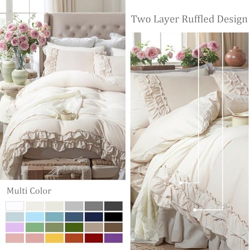 Bedorm Beige Duvet Cover Queen Shabby Chic Bedding Soft Breathable Washed Microfiber Ruffle Duvet Cover Coquette Cute Comforter Cover Girls Women