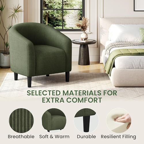Yaheetech Small 25.5in Wide Corduroy Barrel Accent Chair, Dark Green