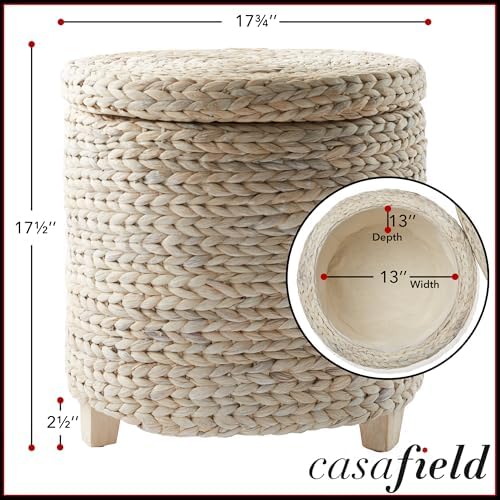 Casafield 17" Round Storage Ottoman with Lid - Whitewash White, Handwoven Water Hyacinth Footstool for Living Room, Bedroom, Bathroom, Home Office