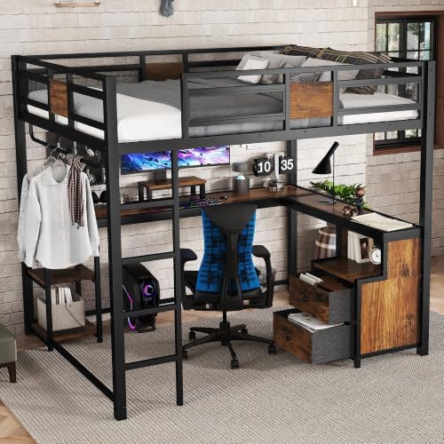 Queen Loft Bed with Desk, 2 Fabric Drawers and 2 Storage Shelves, Metal Heavy Duty Queen Size Loft Bed for Adults, Teens, No Box Spring Needed, Black