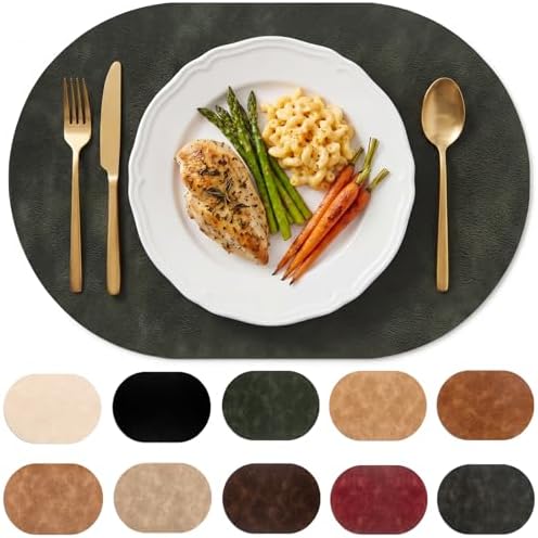 Oval Placemats Set of 12, Wipeable Faux Leather, Olive Green
