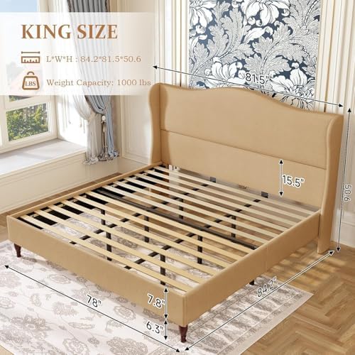 koorlian King Upholstered Bed Frame with 51'' Tall Headboard, Warm Brown