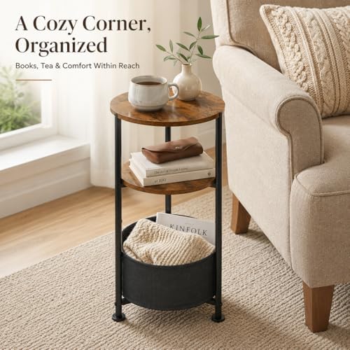 3-Tier Small Round Side Table with Storage Basket, Rustic Brown