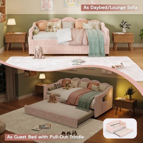 Twin Size Faux Fur Upholstered Daybed with Trundle, Side Pockets, Beige