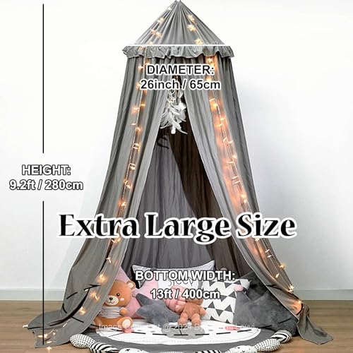 Hommi Lovvi Bed Canopy for Girls, Dreamy Frills Ceiling Hanging Princess Canopy Bedroom Decoration Soft Canopy Net Reading Nook, Extra Large Full Queen Size Bed Canopies - Grey