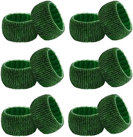 COTTON CRAFT Glitz Handmade Beaded Napkin Rings - Set of 12 - Dark Green