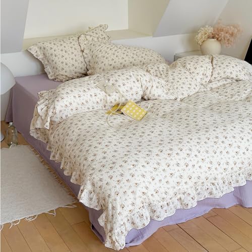 BuLuTu Chic Shabby Floral Duvet Cover Twin Kids Girls Boys Bedding Set - Soft Breathable Cotton Muslin Ruffles Comforter Cover Twin + 2 Pillowcases Standard, Crapemyrtle Pattern