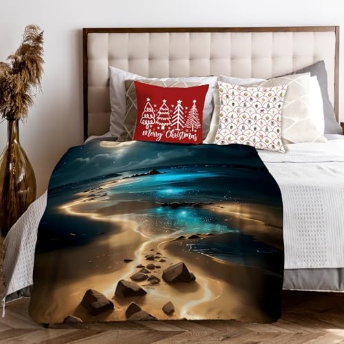 Full Moonlight Coastal Throw Blanket for Couch, Gifts for Beach Lovers, Mystical Celestial Ocean Throw Blanket for Home Bedroom Living Room Beach House Decoration, 50x60 Inches