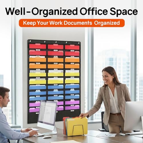 SUNEE 30 Pockets Hanging Wall File Organizer, Black Storage Pocket Chart for File Folder and Paper, Space Saver for Office and Classroom, with Wall Hangers, Over The Door Hooks, Labels