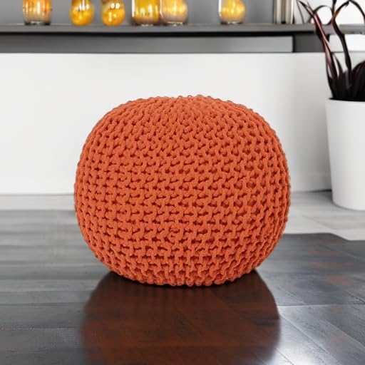 · REDEARTH · Round Pouf Ottoman - Hand Knitted Boho Poof - Burnt Orange
