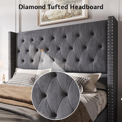 Jocisland King Bed Frame Velvet Tufted Upholstered 49.2" Headboard, Grey