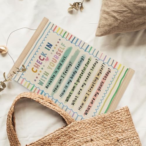 MAQIKA Mental Health Poster Framed with Wood Hanger, Boho Classroom Hanging Wall Decor, Check in with Yourself Rainbow Striped Canvas Wall Art Paints for Therapy Office Kids Room Classroom, 12x16 Inch