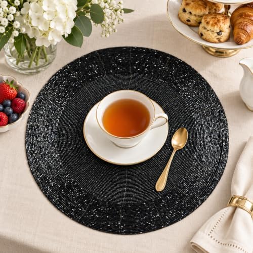 Beaded Placemats Set of 4, 13 Inch Round, Grey Charcoal