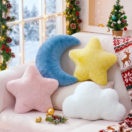 4 Pcs Plush Cloud Star Moon Throw Pillow Set, Blue, White, Pink, Yellow