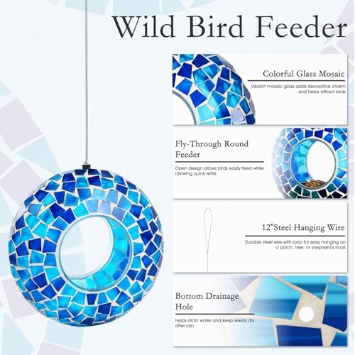 6 Inch Mosaic Glass Fly Through Bird Feeder for Outdoors, Blue