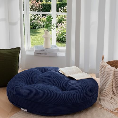 HIGOGOGO 35" Floor Pillow Cushion for Adults, Meditation Cushion Pillow, Extra Large Square Floor Sitting, Tufted Corduroy Cover for Tatami Living Room or Yoga, Navy