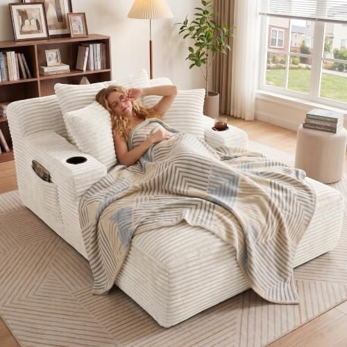 66" Chaise Lounge Chair Indoor, Corduroy Upholstered Reading Chair Oversized Boneless Chair with Deep Seat, Cloud Lounge Chair with 3 Pillows for Living Room, Bedroom, No Assembly Required