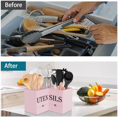 Suli Extra Large Utensil Holder Countertop for Kitchen Counter,Wood,Pink
