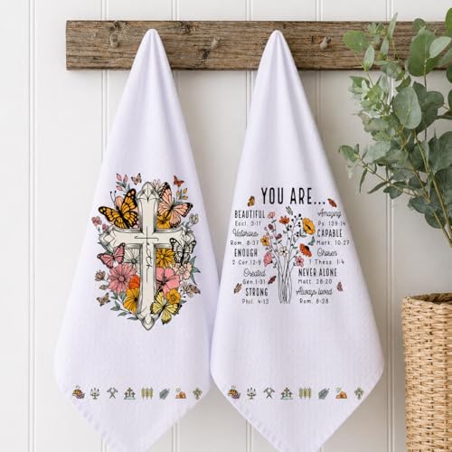 LXOMILL Christian Gifts for Women, Religious Kitchen Towels Set of 2, Floral Butterfly Bible Verse Dish Towels, Faith Gift for Mom, Friends, Christian Home Decor