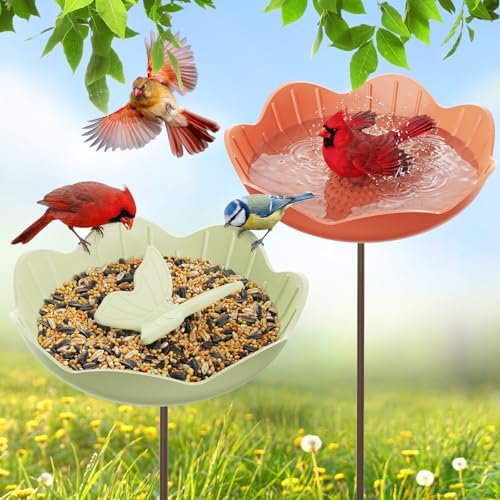 Kinsgyard 2 Pack Free Standing Tray Bird Feeders with Adjustable Pole, Wild Bird Bath for Outdoor Garden Yard Decor, Large Seed Capacity, Easy to Clean and Refill, Red & Green