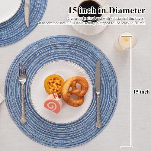 SHACOS Round Braided Placemats Set of 8 Circle Place Mats Cotton Polyester Kitchen Table Mats for Dining Table Wedding Party Decor (Blue Gray, 8)