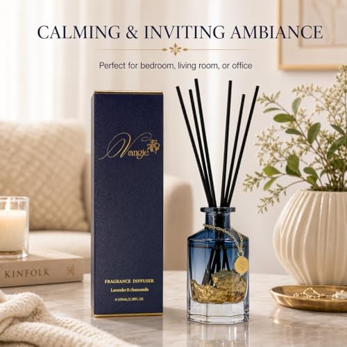 VANGIE Luxury Reed Diffuser for Home | Lavender & Chamomile Calming Scent | Floating Gold Leaf Glass Bottle | Long-Lasting Aroma | Vegan | Bedroom, Bathroom & Relaxing Spaces