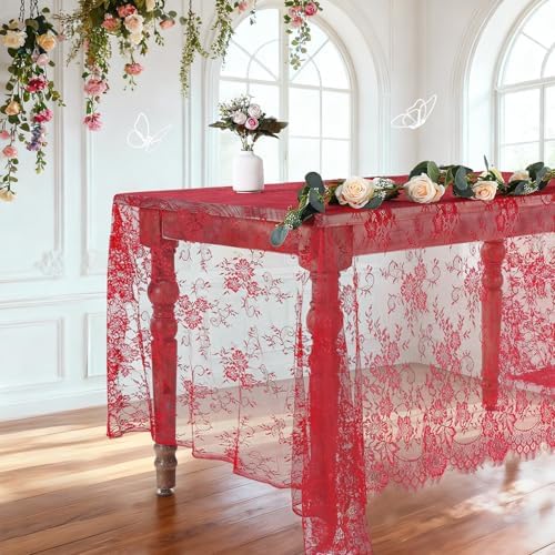 LuoluoHouse Red Lace Tablecloth 6pcs Rose Floral Table Fabric 60x120 Inch