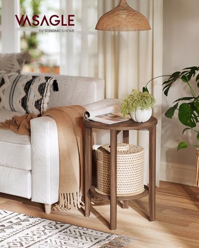 VASAGLE Round Side End Table, 2-Tier Boho Bedside Table with Rattan-Look