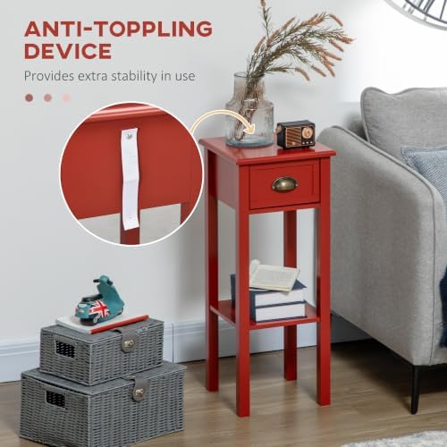HOMCOM Narrow End Table with Drawer and Bottom Shelf Set of 1 Red