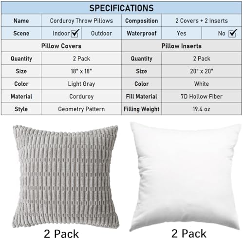2 Pack Corduroy Decorative Throw Pillow with Inserts, 18x18 Inch Soft Boho Throw Pillow, Square Striped Throw Pillows for Couch, Bed, Sofa Decor (Light Gray)