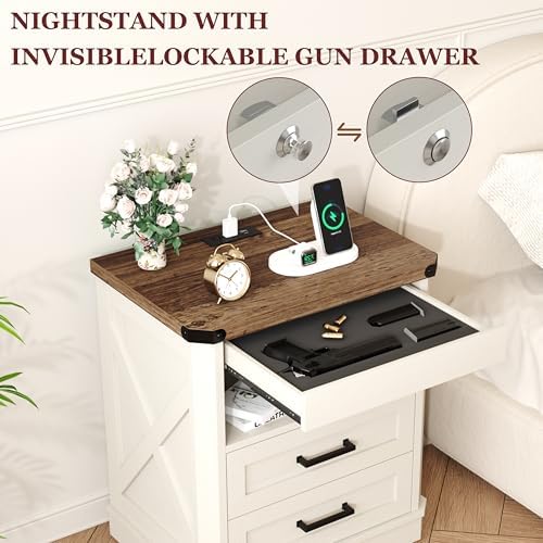 Yusong Farmhouse Night Stand with Gun Drawer & Invisible Lock, Rustic Wooden Night Stand with Charging Station, Beside Table with Drawers and Open Storage, End Tables for Bedroom, (White 004)
