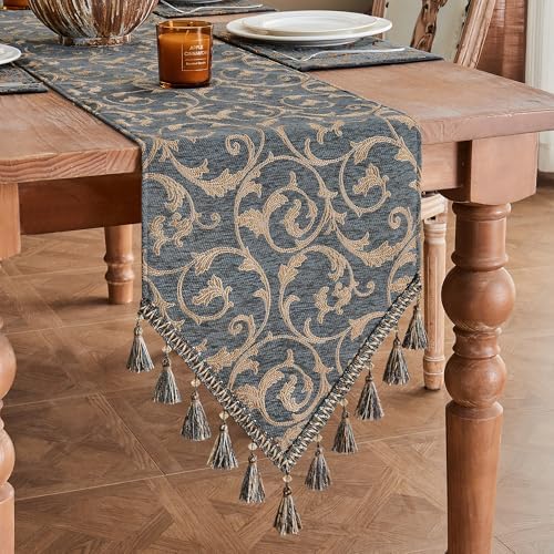 Loom and Mill Chenille Damask Table Runner 72 inches Long, Blue-Grey+Khaki
