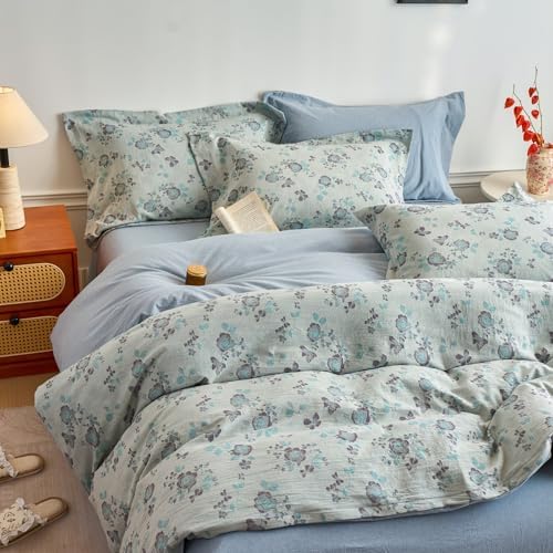 HighBuy Blue Muslin Duvet Cover Set King Chic Muslin Cotton Textured Floral Bedding Set,Vintage Gauze Super Soft Comforter Cover,Comfortable Chic Lightweight - 1 Duvet Cover with 2 Pillowcase