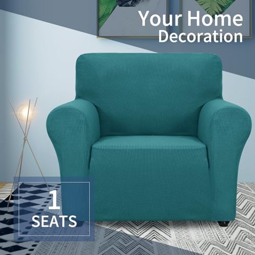 JIVINER Super Stretch Chair Slipcovers with Arms 1-Piece Jacquard Small Checks Living Room Armchair Covers Soft Anti Slip Sofa Couch Furniture Protector for Kids Pets (Chair, Blakish Green)