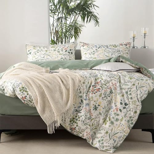 Botanical Duvet Cover Set 100% Cotton Queen(90"x90"),White/Sage Green