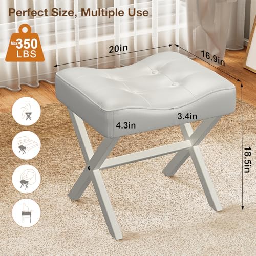 Memobarco 18-Inch Large Leather Vanity Stool Chair, White Makeup Stool
