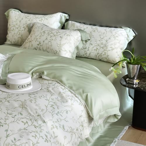 Lyocell Duvet Cover Set Queen with Green Floral Pattern,Silk-Like Smooth & Cool Comforter Cover Set with Corner Ties-Queen,Mint Green