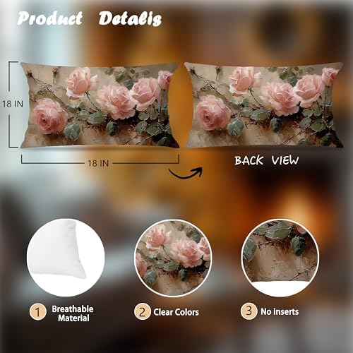 Vintage Pink Rose Floral Rectangle Pillow Throw Cover 20x12 Decor, Shabby Chic Rustic Cottagecore Decorative Throw Pillow Covers Double-Sided Set of 2