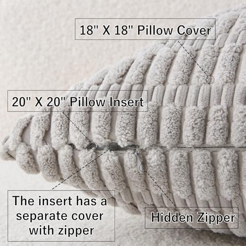 2 Pack Corduroy Decorative Throw Pillow with Inserts, 18x18 Inch Soft Boho Throw Pillow, Square Striped Throw Pillows for Couch, Bed, Sofa Decor (Light Gray)