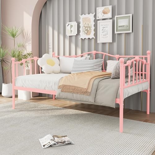 GarveeHome Twin Size Daybed Frame, Sofa Bed with Stylish Headboard, Heavy Duty Steel Slat Support, Space Saving for Living Room/Bedroom/Guest Room, Pink
