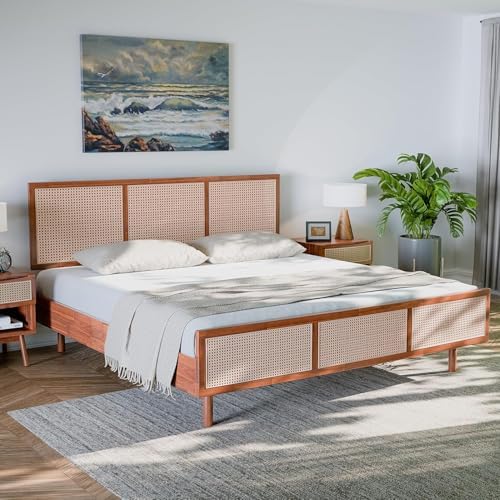 Bme Nancy Signature Bed Frame, King Bed Frame and Headboard Unique Geometric, Mid Century Modern, Solid Acacia Wood, No Box Spring Needed, 12 Strong Wood Slats Support, Easy Assembly, Dark Chocolate