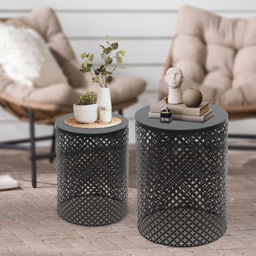 Metal Frame Accent Table,Cylindrical Outdoor Side Table,Decorative Garden Stool,Set of 2 Nesting Side Table,Modern Decorative Garden Stool for Patio Balconies Cafes Parks (2, Black)