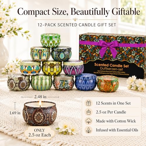 Scented Candles Gift Set, 12 Pack Travel Tin Candle Set, Gifts for Women