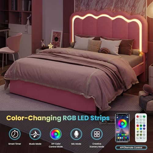 SHA CERLIN Full Size Bed Frame with LED Lights and Storage Drawer, Pink