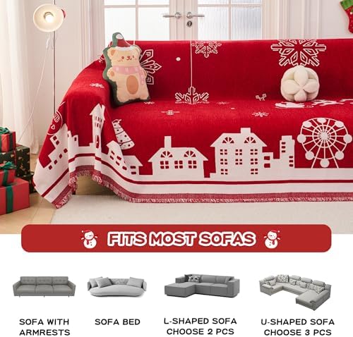 MEETSKY Christmas Couch Covers for 3 Cushion Couch Sofa, Washable Sofa Slipcover Chenille Red Couch Protector Covers for Sectional Sofa Fit for 3 Seat, Thick Soft Sofa Covers for Dogs, 71" x 134"
