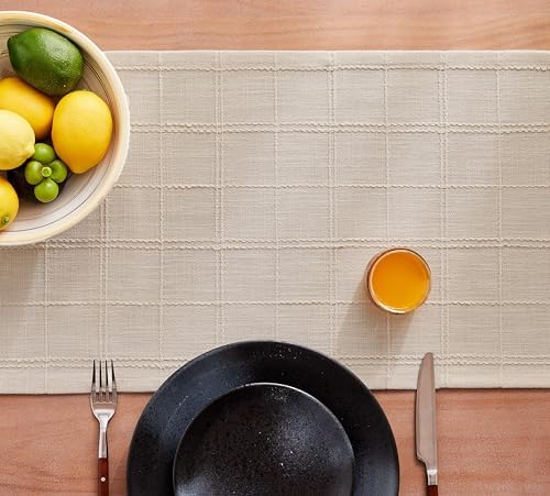 ZeeMart Linen Checked Farmhouse Table Runner, 13x48 Inches Neutral Beige