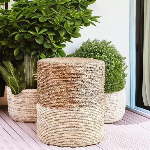 14" Boho Pouf Patio Ottomans Natural Straw Handweave Rustic Round Footstool