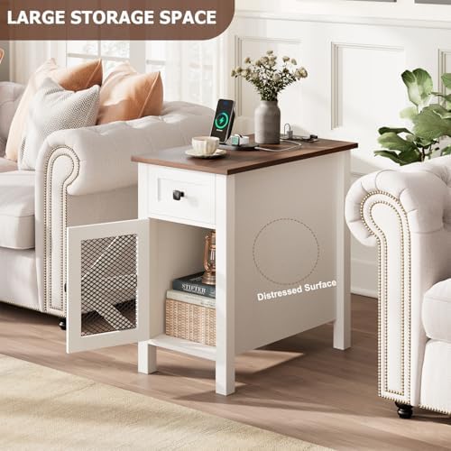 Farmhouse End Table with Charging Station, Narrow Side Tables with Storage
